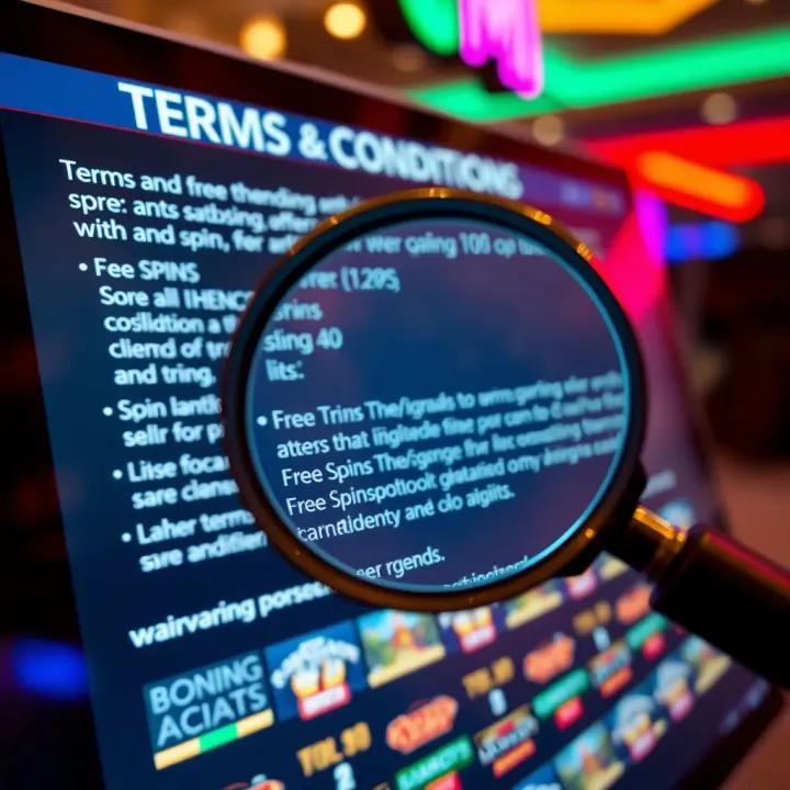 Graphic depicting terms and conditions on a digital interface with a magnifying glass highlighting wagering requirements