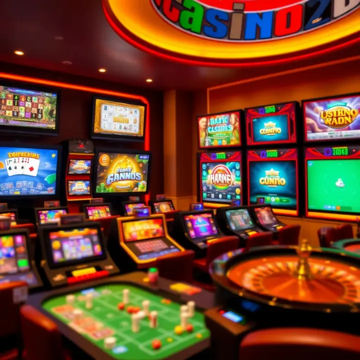 Assortment of casino games including slots, poker, and roulette on digital screens