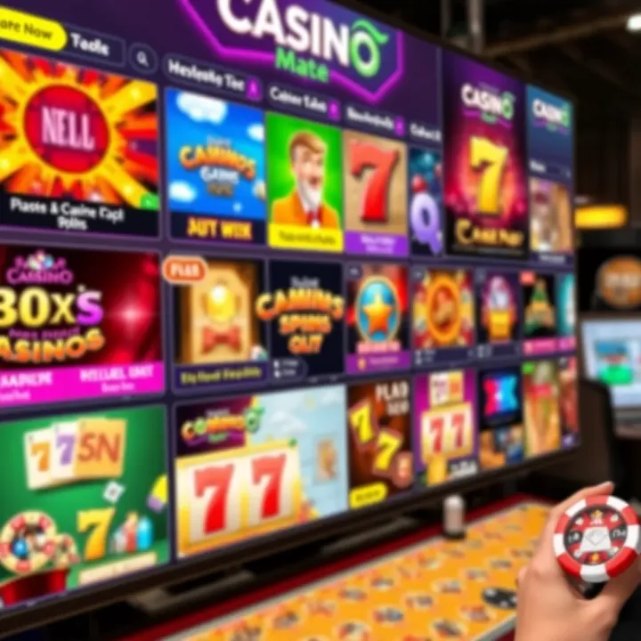 Colorful digital interface showcasing various casino game categories including slots and table games
