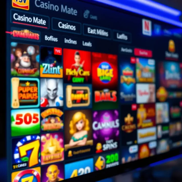 Casino Mate Game Selection and Customer Support Overview Assortment of popular online casino games displayed on a digital interface