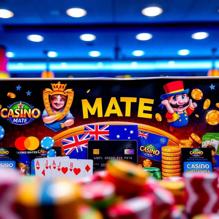 Collage of casino games, payment cards, and promotional banners representing Casino Mate offerings for Australians