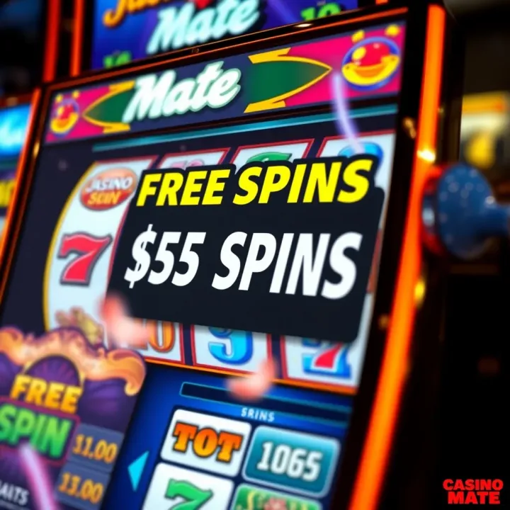 Slot machine reels showing free spins bonus offer inside a colorful casino interface