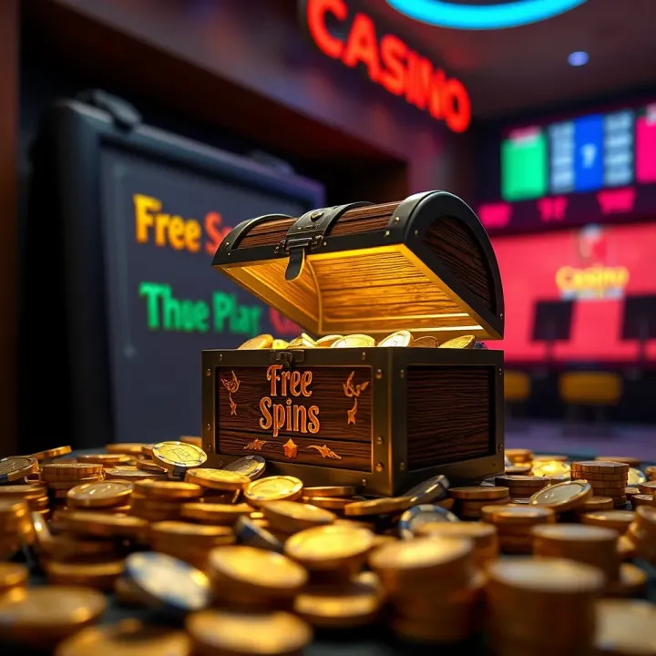 Illustration showing a glowing treasure chest representing hidden free spins at an online casino platform
