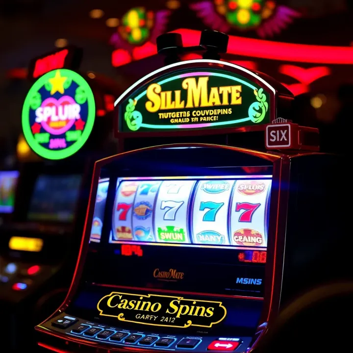 Bright casino slot machine with glowing reels highlighting special spins feature