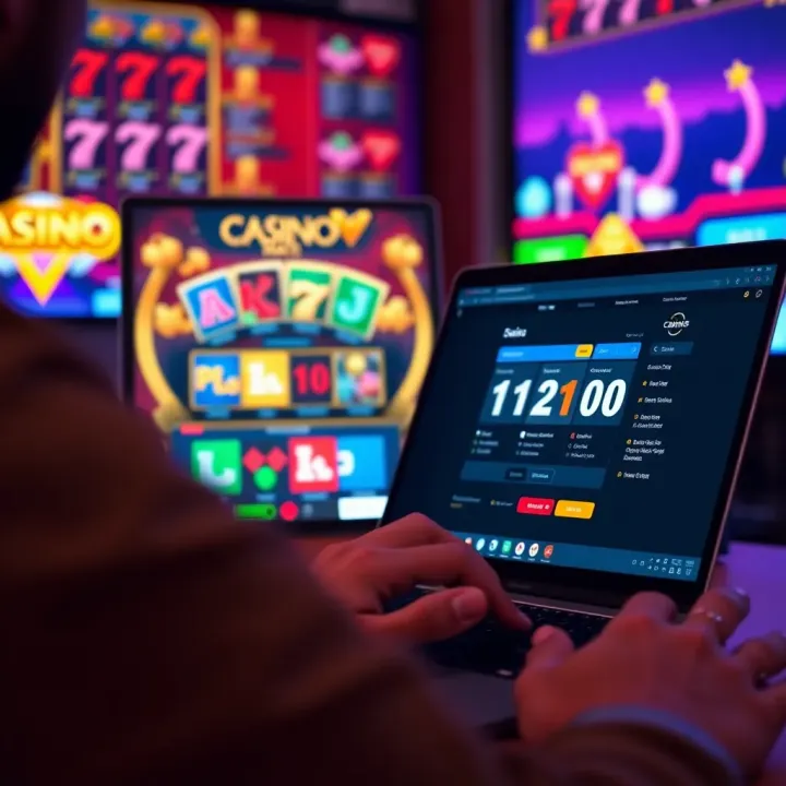 User accessing Casino Mate Instant Play on a laptop with a vibrant casino game interface visible