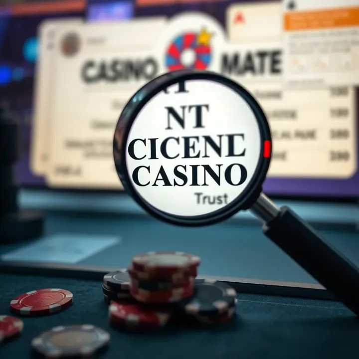 Visual representation of licensing documents and a magnifying glass highlighting trust and regulation in online casinos