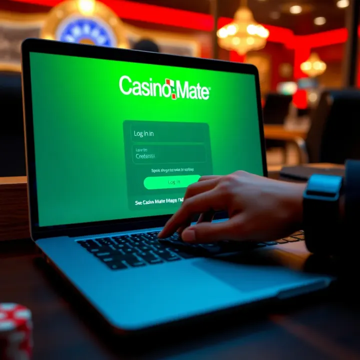 User entering credentials on Casino-Mate login screen on a laptop