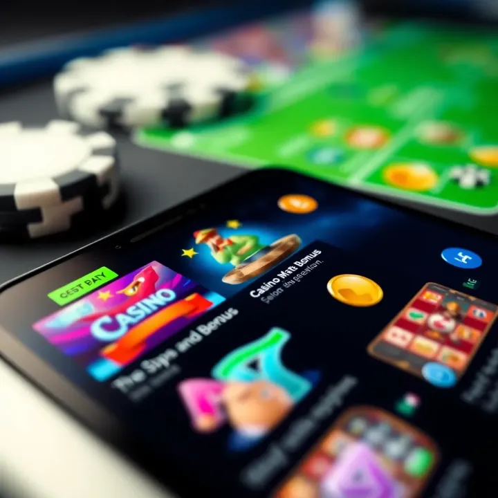 Close-up of a mobile device showing casino game icons alongside bonus terms and benefits