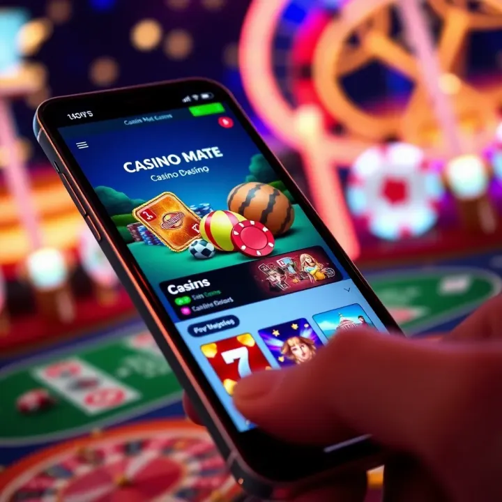 Mobile phone displaying Casino Mate mobile casino interface with game options and promotional banner