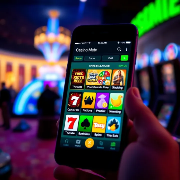 Mobile smartphone displaying Casino Mate's vibrant game selection screen