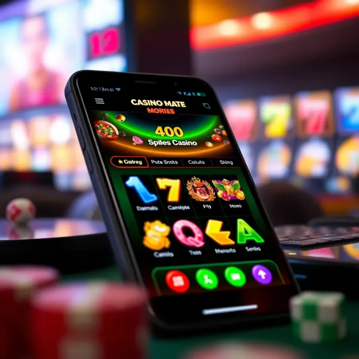 Casino Mate Mobile Roo Online Pokies Interface on Mobile Mobile device displaying an online casino interface with colorful pokies icons