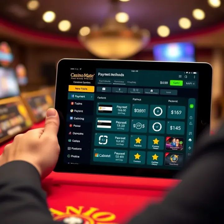 iPad screen showing payment options and responsible gaming tools in Casino Mate app