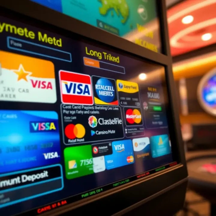 Various payment methods including credit cards and e-wallets displayed on a digital screen