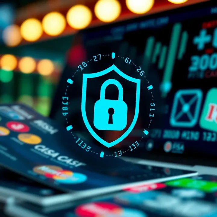 Abstract representation of secure online transactions with credit cards and digital security icons