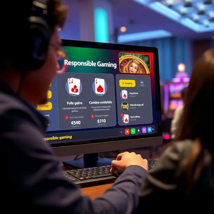 Graphic showing a player interacting with an online casino interface emphasizing responsible gaming controls