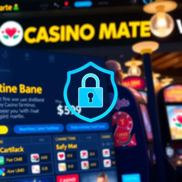 Secure connection symbol overlaid on Casino Mate gaming platform showing safety features