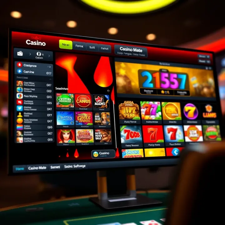 User interface showcasing Casino Mate software layout with various game options and navigation menu