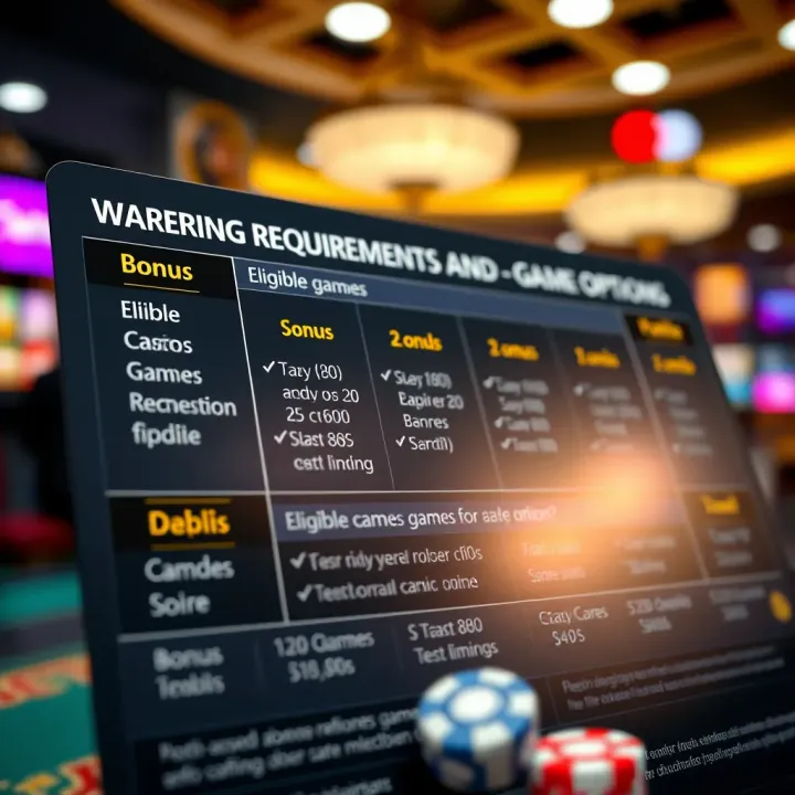 Graphic depicting wagering requirements and eligible casino games for bonus redemption