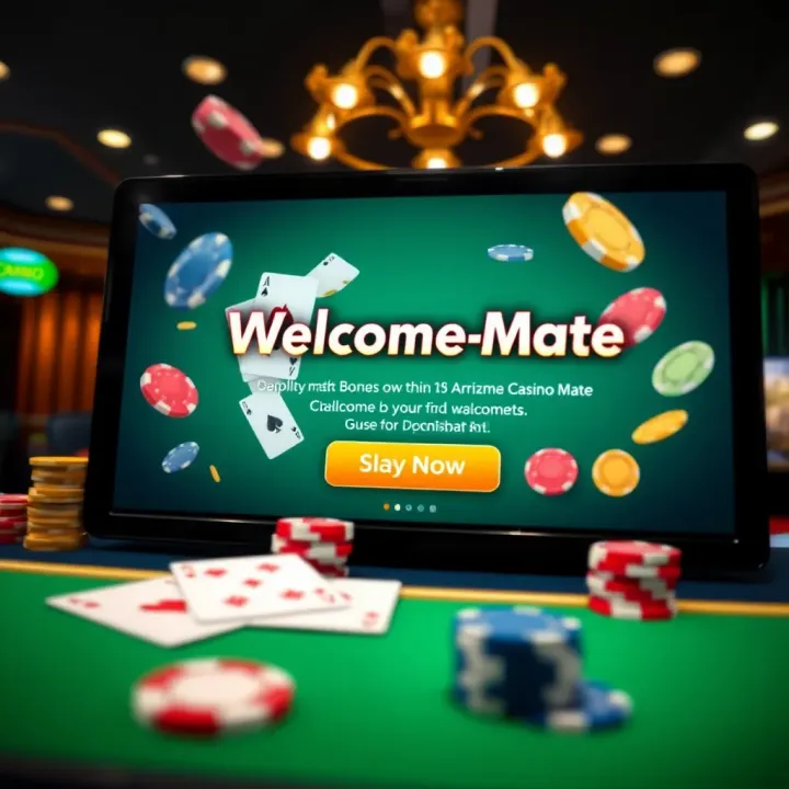 Illustration of a welcome bonus offer with casino chips and playing cards on a digital screen