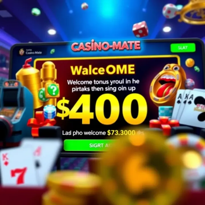 Illustration of a digital casino welcome screen featuring bonus credits and sign-up incentives