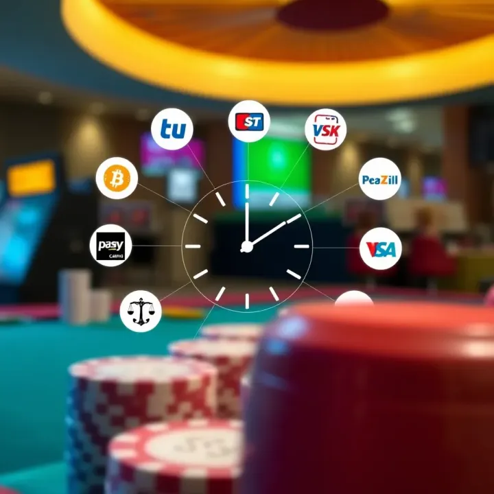 Comparison of Withdrawal Times Across Different Payment Methods Illustration showing various payment method icons connected to a clock symbol representing withdrawal timing