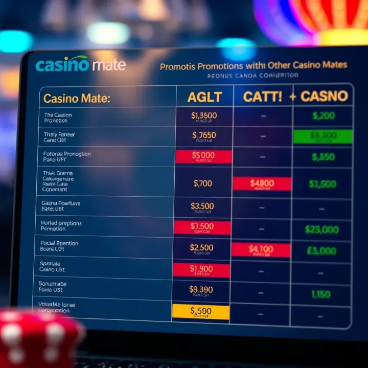 Comparison of Casino Mate Promotions with Other Casinos Comparison chart showing different casino promotions with highlighted bonus values and conditions