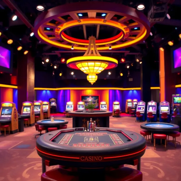 View of a lively casino show set featuring colorful gaming tables and bright lights