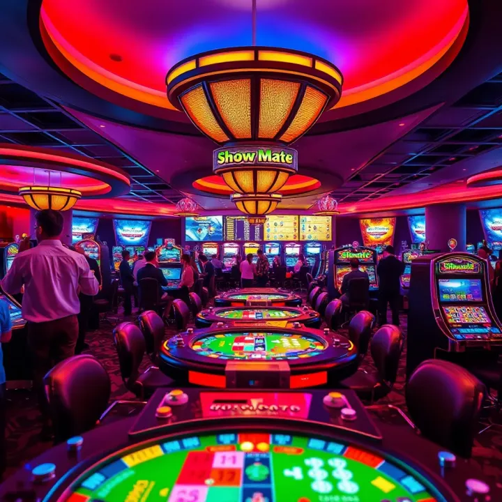 Lively casino floor showcasing interactive gaming tables with vibrant lighting and enthusiastic players