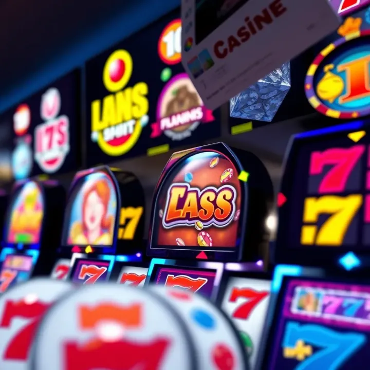 Colorful casino slot machine reels with various symbols and bright lights