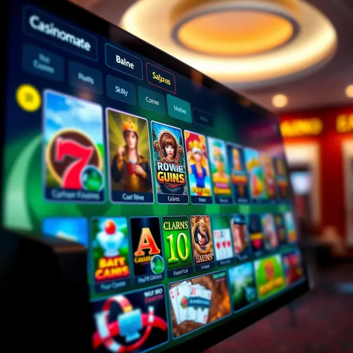 Casinomate Online Game Selection Interface Illustration of a digital casino interface showing various game options including slots and card games