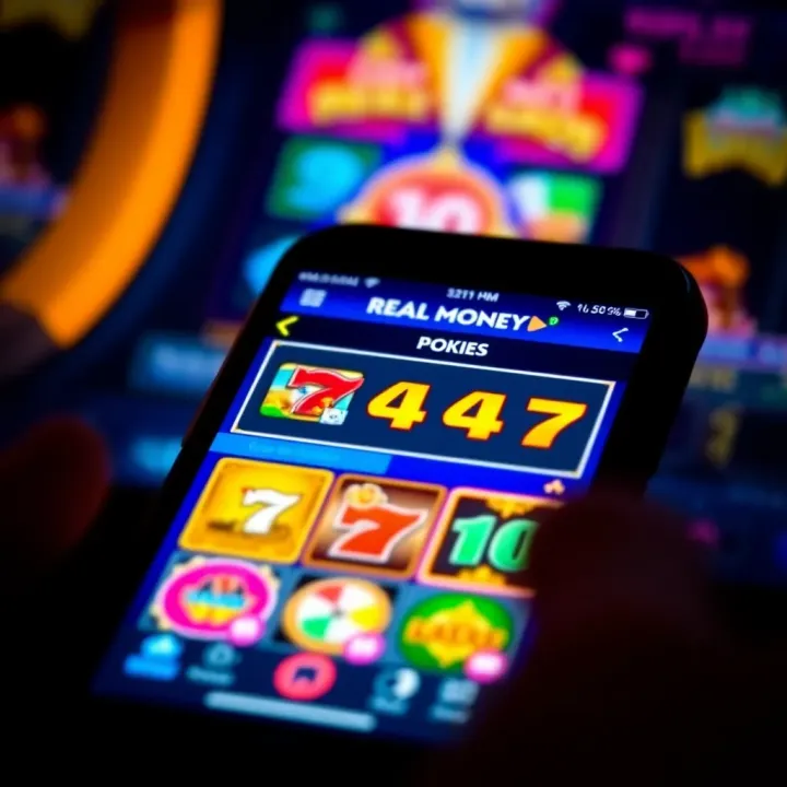 iPhone screen displaying a secure real money pokies app interface with vibrant slot game icons and a user-friendly layout
