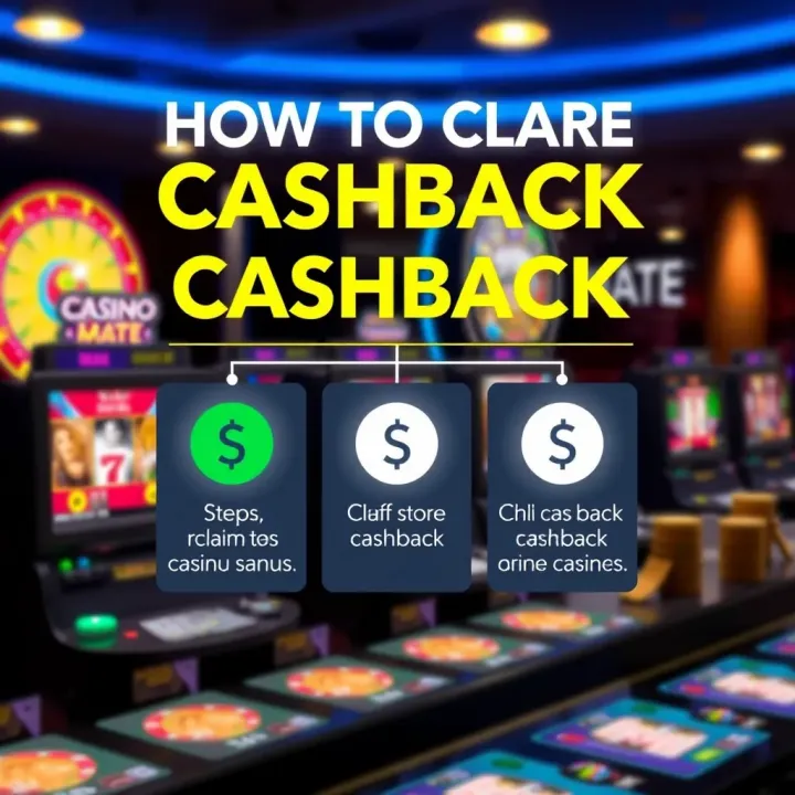 Graphic displaying steps to claim cashback with casino interface and dollar symbols