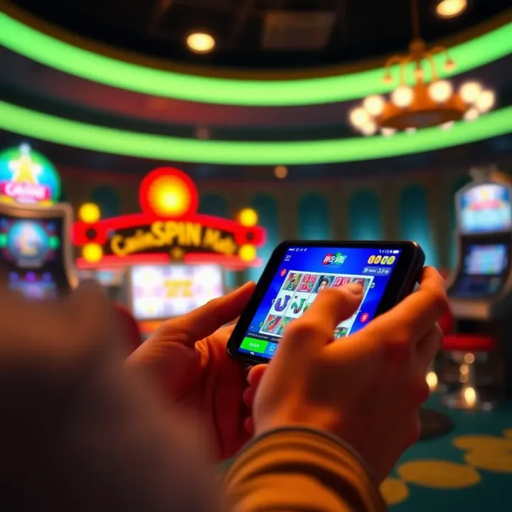 Illustration of a player using a mobile device to claim free spins at an online casino platform