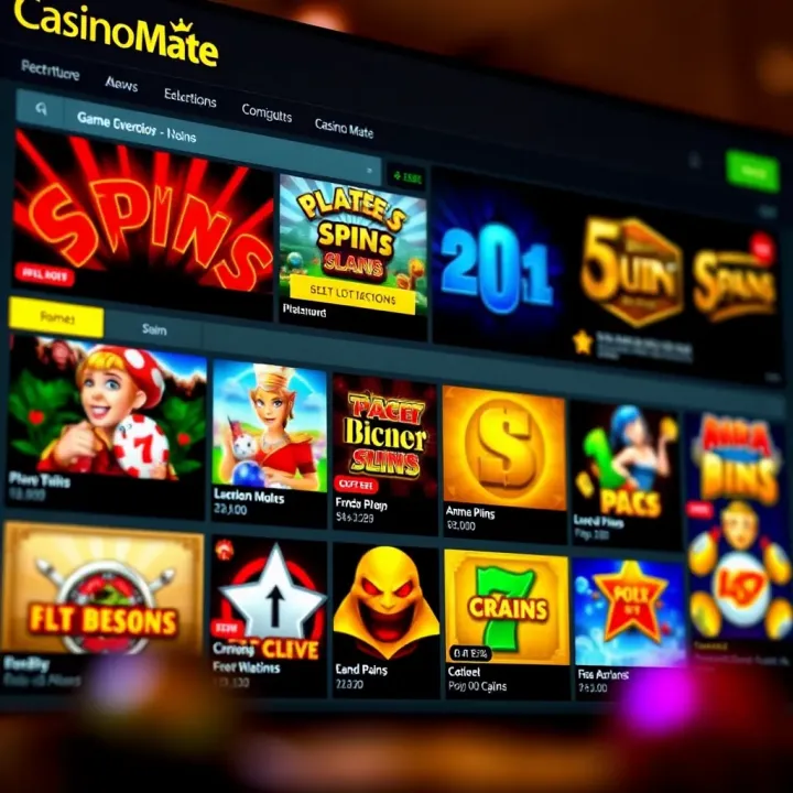 Casino Mate website interface showing a diverse selection of slot games and interactive casino features