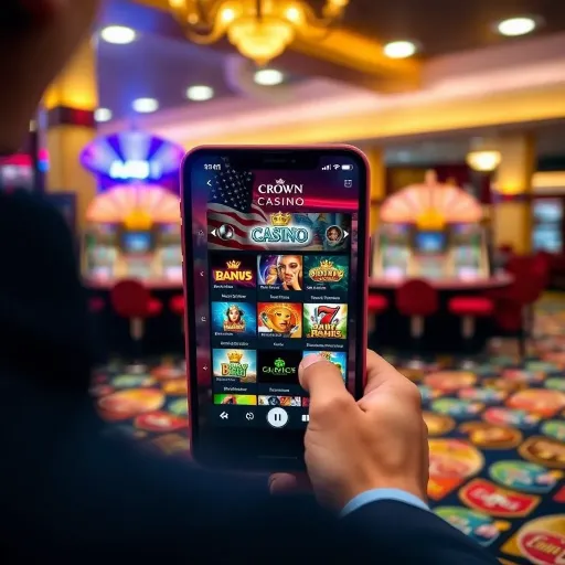 Mobile device displaying Crown Casino online app interface with various casino games