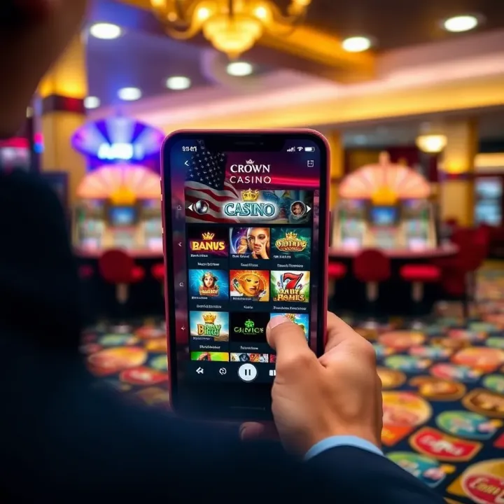 Mobile device displaying Crown Casino online app interface with various casino games