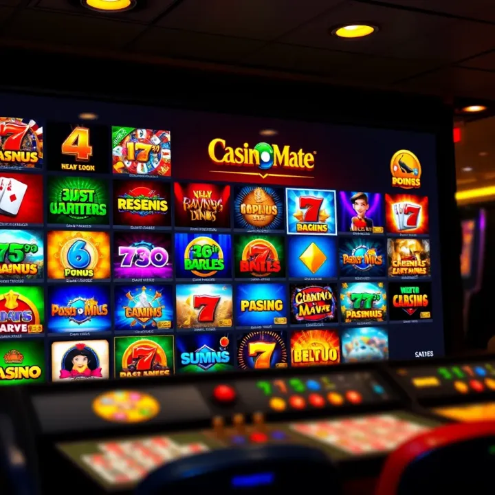 Variety of casino games displayed on a digital screen including slots and table games