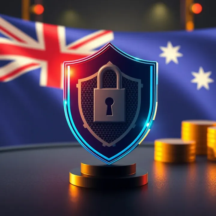Reliable Security for Australian Online Casino Players Digital shield symbolizing strong security measures for safe online gambling with Australian flag in background
