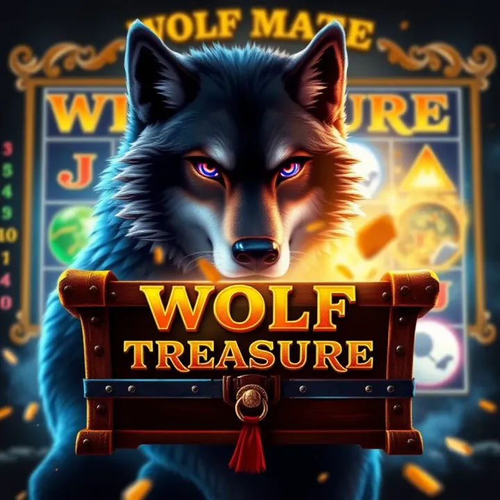 Bonus round screen of Wolf Treasure slot with glowing treasure chest and sparkling effects
