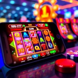 Mobile device displaying a colorful online pokies game interface with spinning reels and vibrant symbols