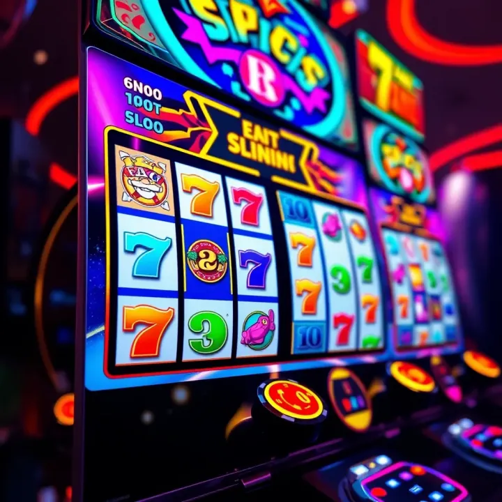 Colorful online slot machine with vibrant symbols and spinning reels