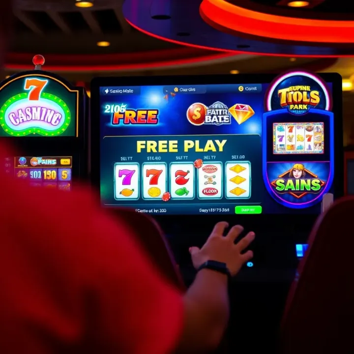 Illustration of a digital casino interface showcasing free play options on slot machines