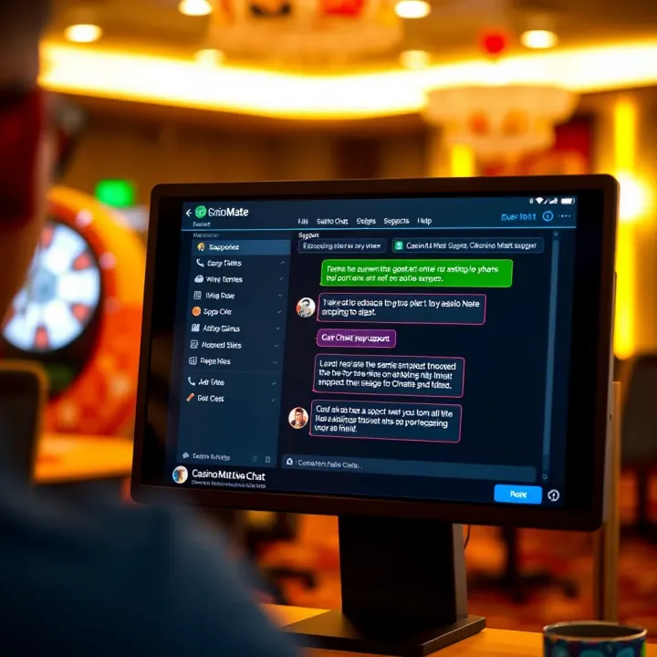 Screen showing Casino Mate live chat interface with support options and messages