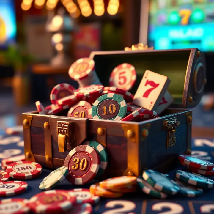 Graphic showing a treasure chest overflowing with casino chips and free spin icons symbolizing hidden rewards