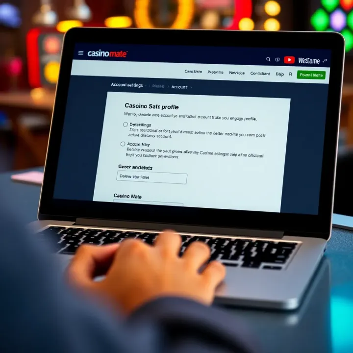 Navigating Account Settings to Delete Casino Mate Profile Close-up of a laptop screen displaying Casino Mate account settings with a cursor hovering over the account deletion option