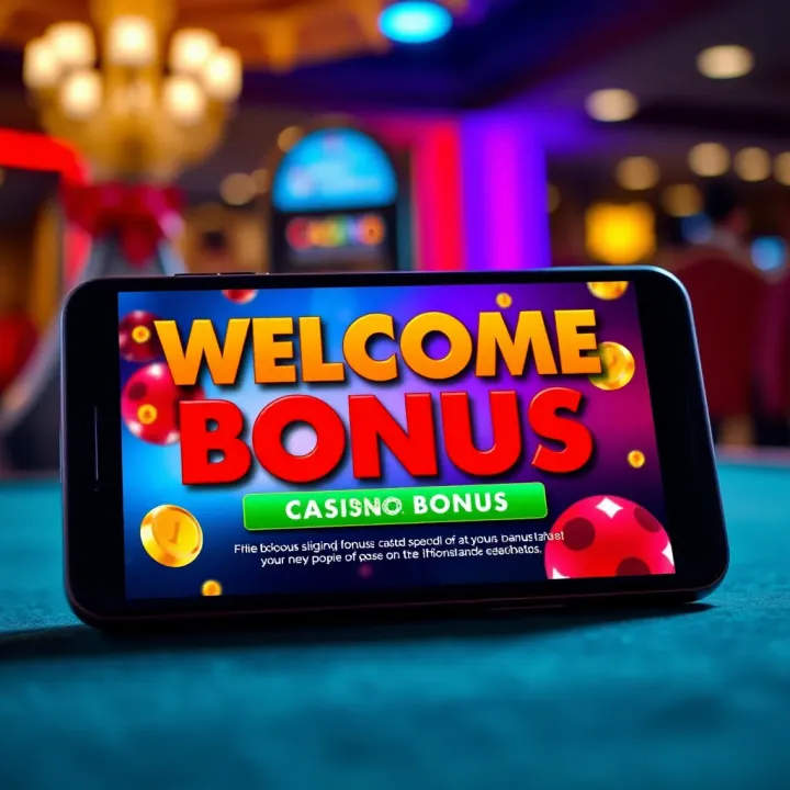 Colorful digital casino welcome bonus offer on a mobile device