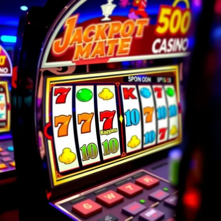 Colorful slot machine reels displaying jackpot symbols and a winning combination at an online casino