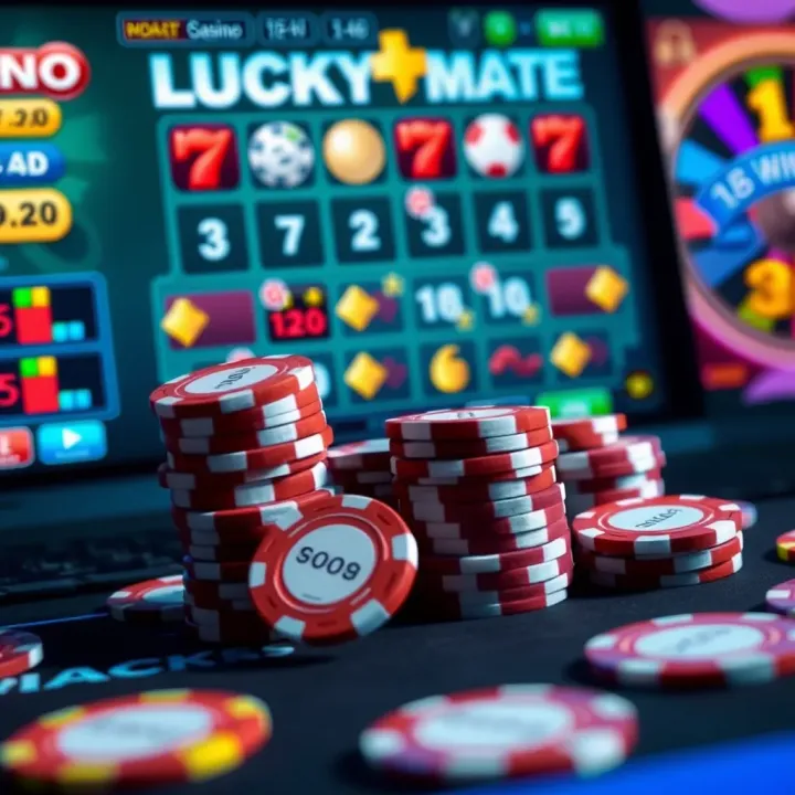 Illustration showing various Lucky Mate Casino no deposit bonus codes with casino chips and digital interface elements