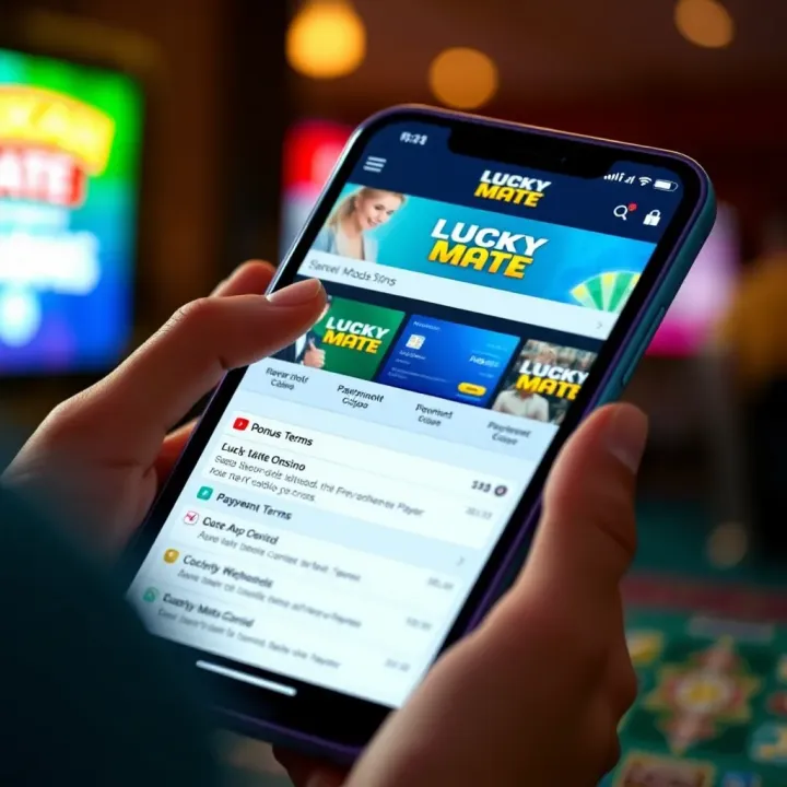 Mobile device displaying Lucky Mate Casino website with payment options and bonus terms for Australian players
