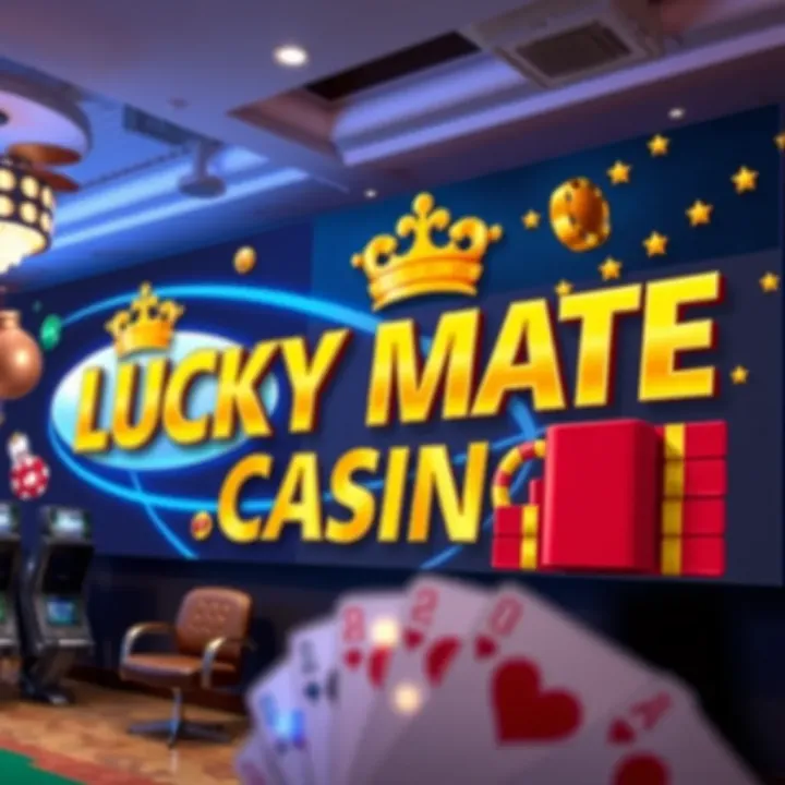 Lucky Mate Casino promotional banner with vibrant gaming symbols and bonus highlights